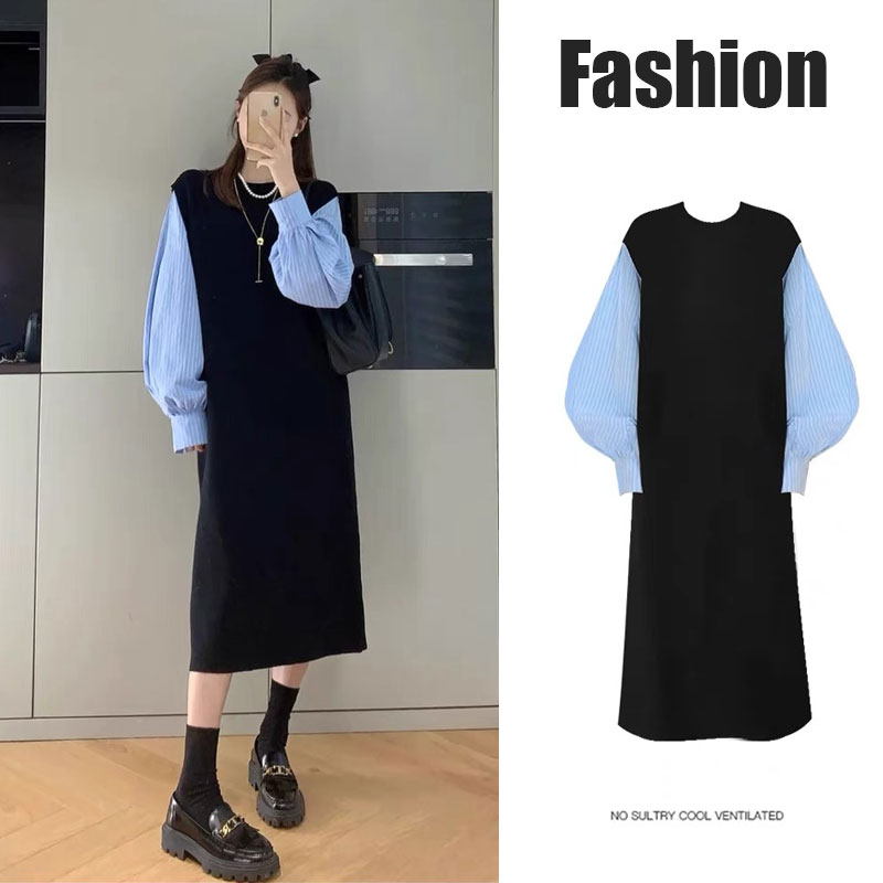 孕妇装2025秋冬季时尚显瘦设计师假两件加厚气质衬衫袖针织连衣裙