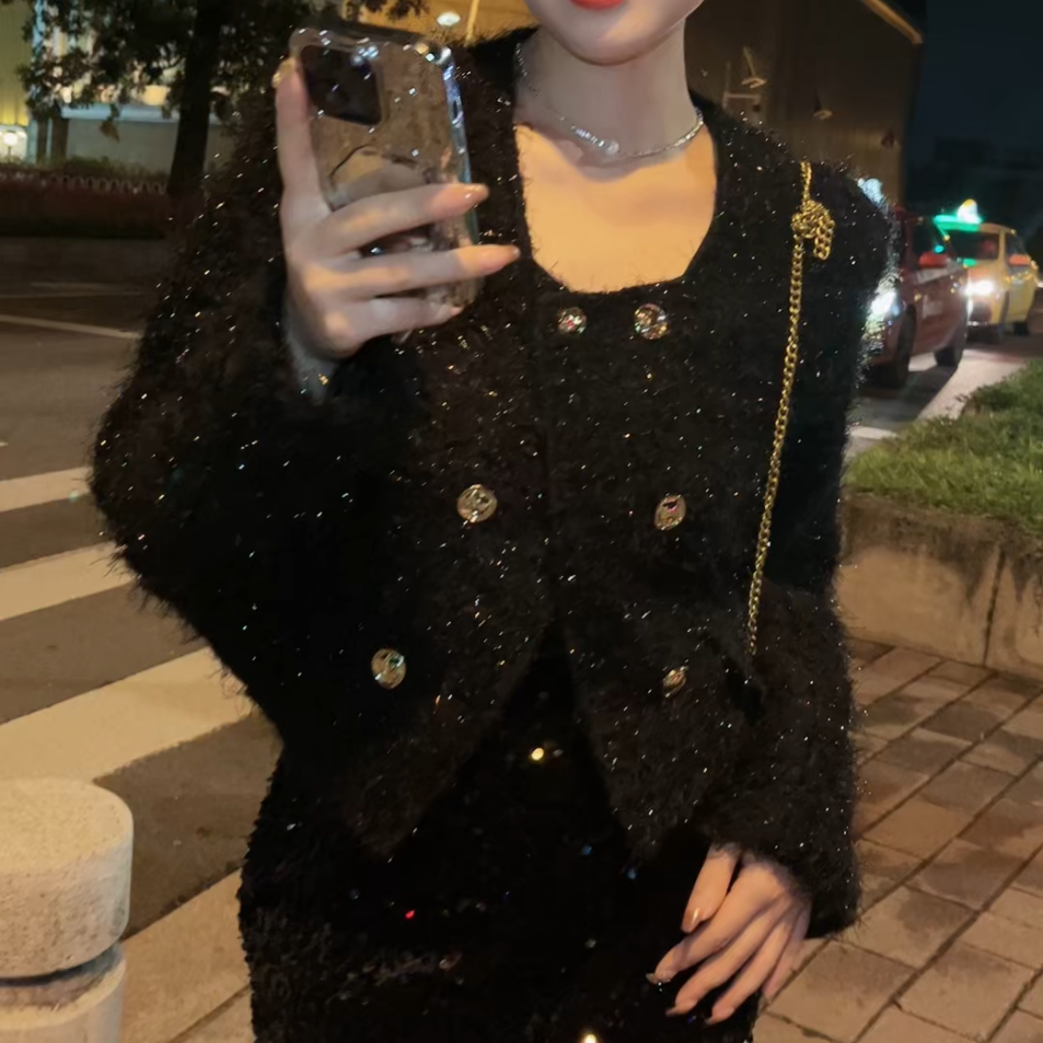 小香风毛毛短外套时尚秋季新品女装咖啡色秋冬百搭圆领短款小外套