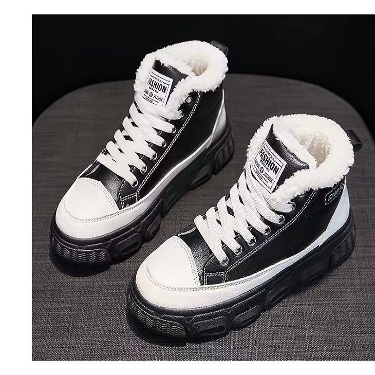 加绒保暖棉鞋女冬季学生休闲百搭板鞋皮面运动鞋潮大棉加
