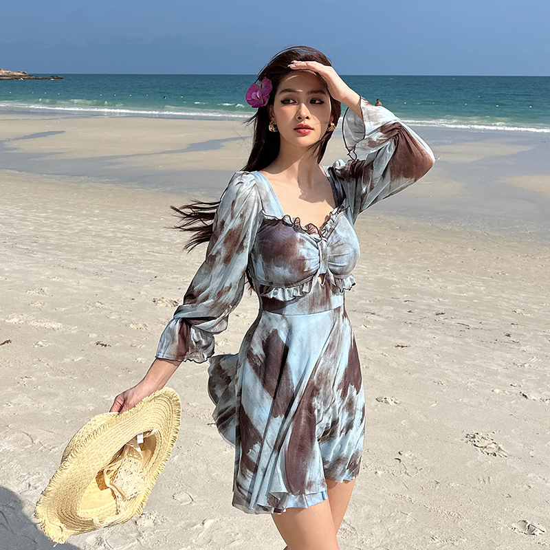 连体泳衣女感裙式长袖遮肉显瘦大码胖mm保守休闲度假温泉泳装女款