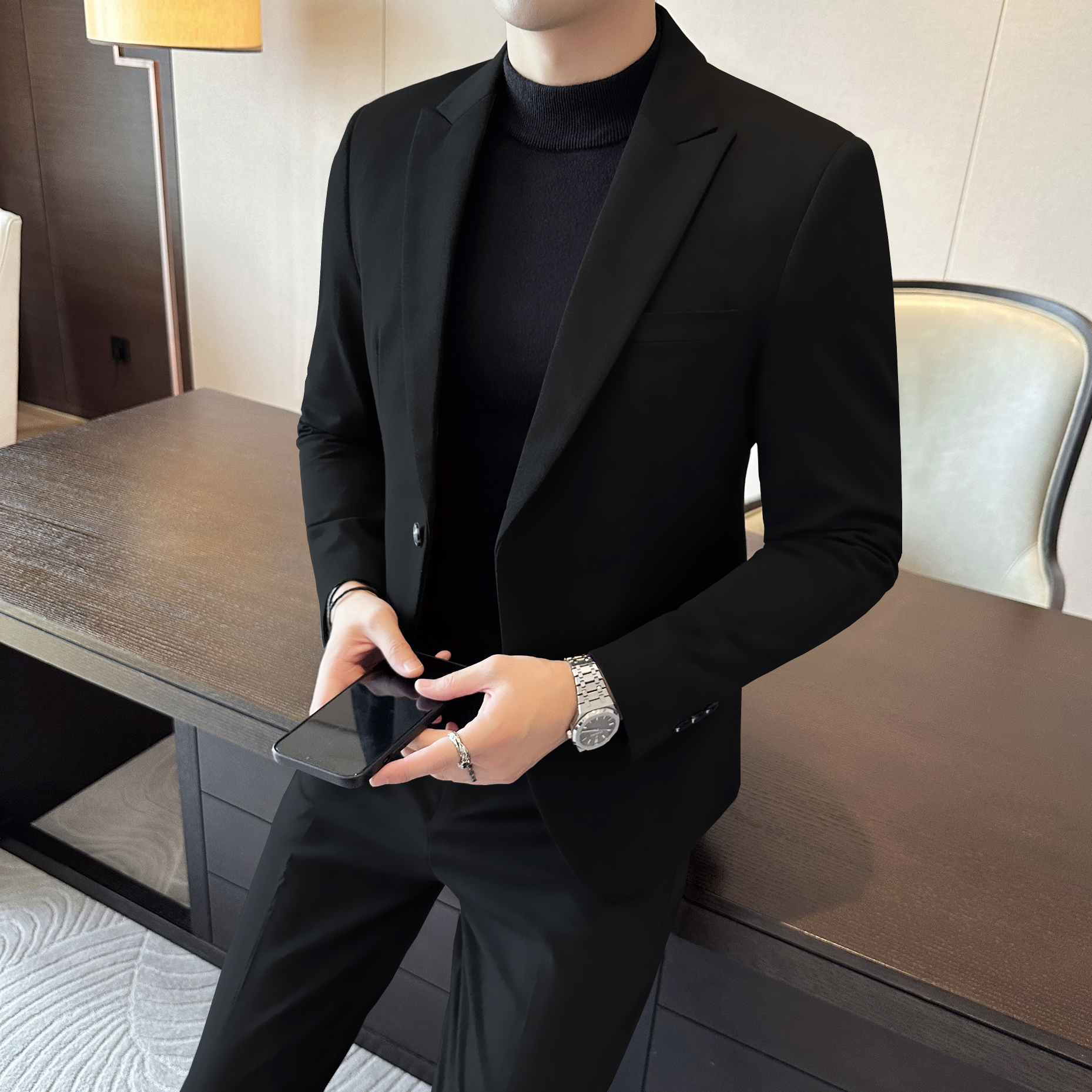 秋冬季韩版西服男士修身帅气西装男帅气商务休闲西装外套男戗驳领