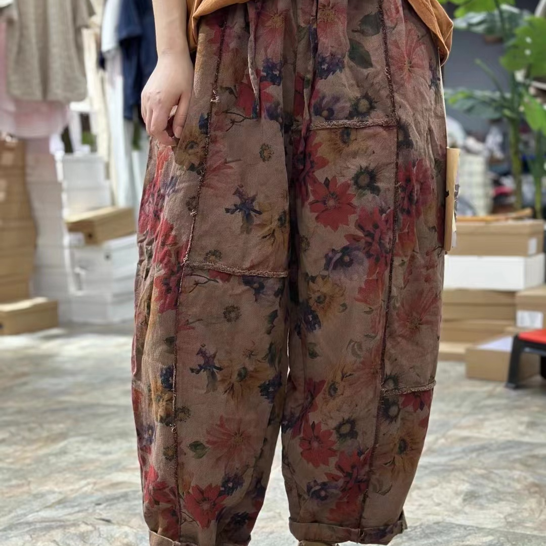 忆古朴拙斜纹亚麻毛边抽绳休闲裤