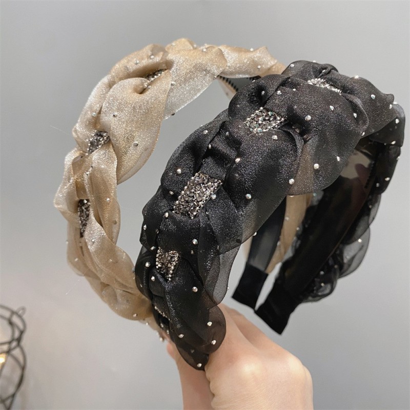 百搭时尚宽边黑欧根纱满天星发箍女水钻麻花编织网纱头箍防滑发卡