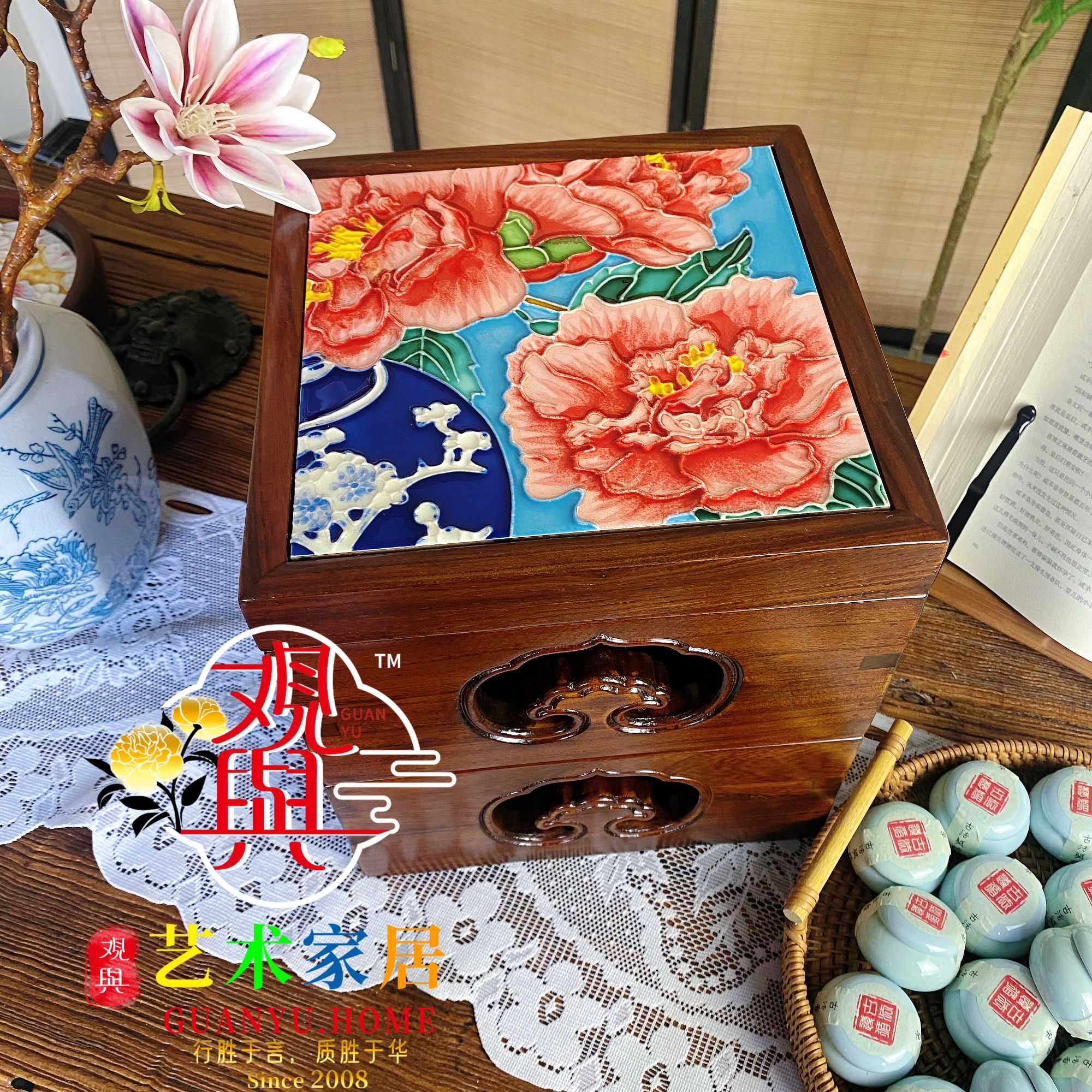 20*20新款玲珑多宝盒新中式文创高档陶瓷盒子客厅卧室收纳装饰件