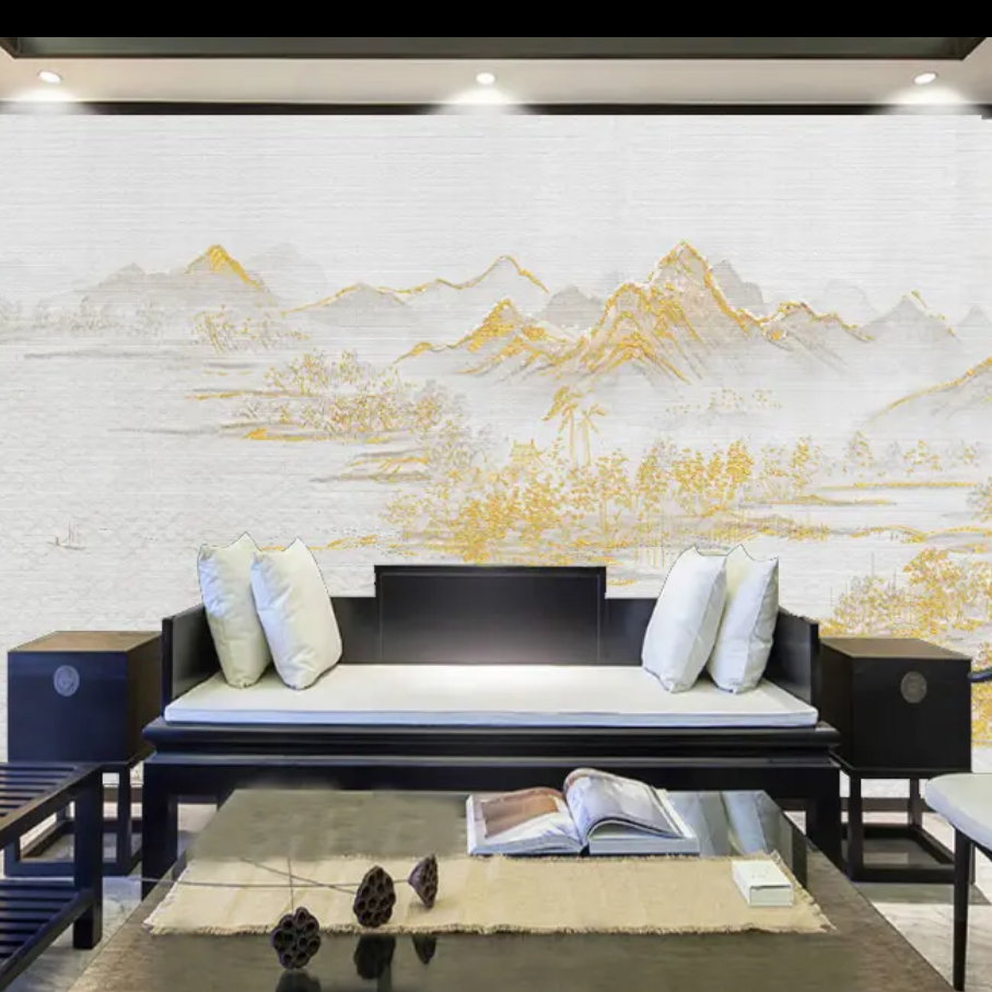 独秀背景墙布刺绣客厅沙发电视高端定制新中式若隐若现印加绣