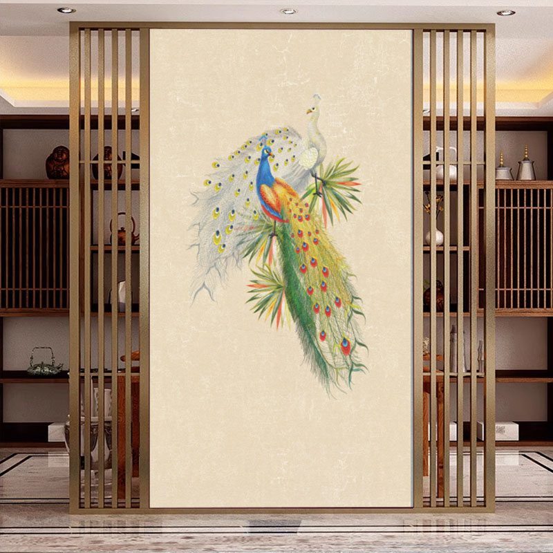 独秀刺绣孔雀玄关入户门过道背景墙布凤凰高端中式新中式