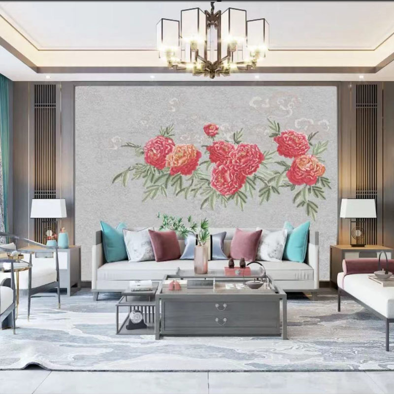 独绣壁画壁布卧室客厅沙发电视背景墙花鸟新中式刺绣墙布富贵牡丹