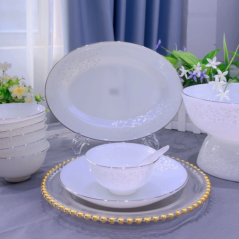 48件套暗香浮动进口原矿玉瓷餐具碗盘组合轻奢搬家乔迁礼物送人