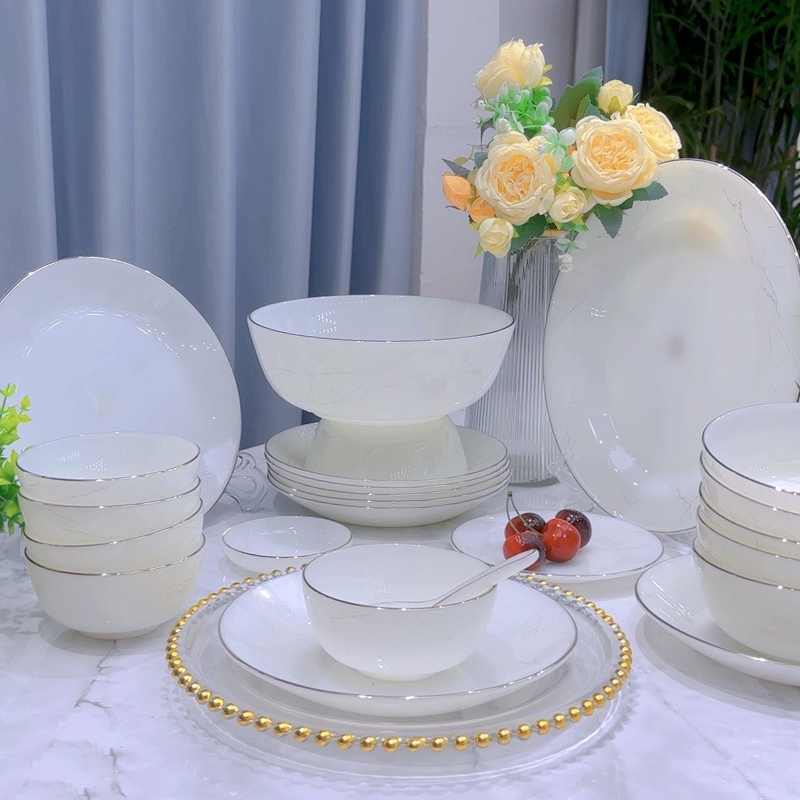 大理石玉瓷餐具银边进口原矿玉瓷餐具玉瓷轻奢高档碗碟筷套装家用