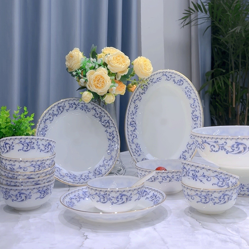 景德镇青花玉瓷餐具套装轻奢高档餐具碗盘新中式简约乔迁碗碟家用
