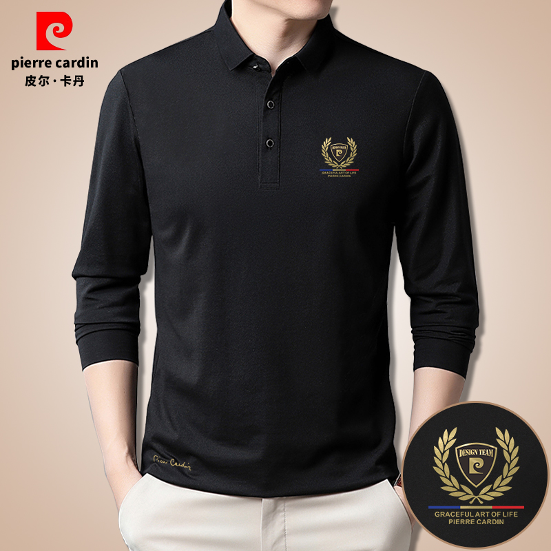 皮尔卡丹男士翻领长袖丝光珠地高档男装秋季印花透气时尚休闲半袖