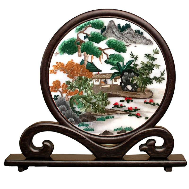 金吴针双面绣摆件台屏苏州特产鸡翅木实木手工刺绣摆台苏绣成品画