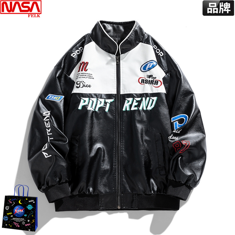 NASA加绒美式机车皮衣男嘻哈赛车服pu外套防风刺绣飞行员夹克褂子