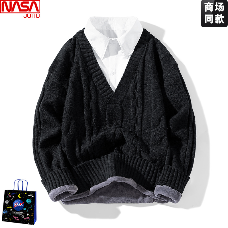 NASA假两件毛衣男女加绒加厚高端精致衬衫领内搭打底衫痞帅针织衫