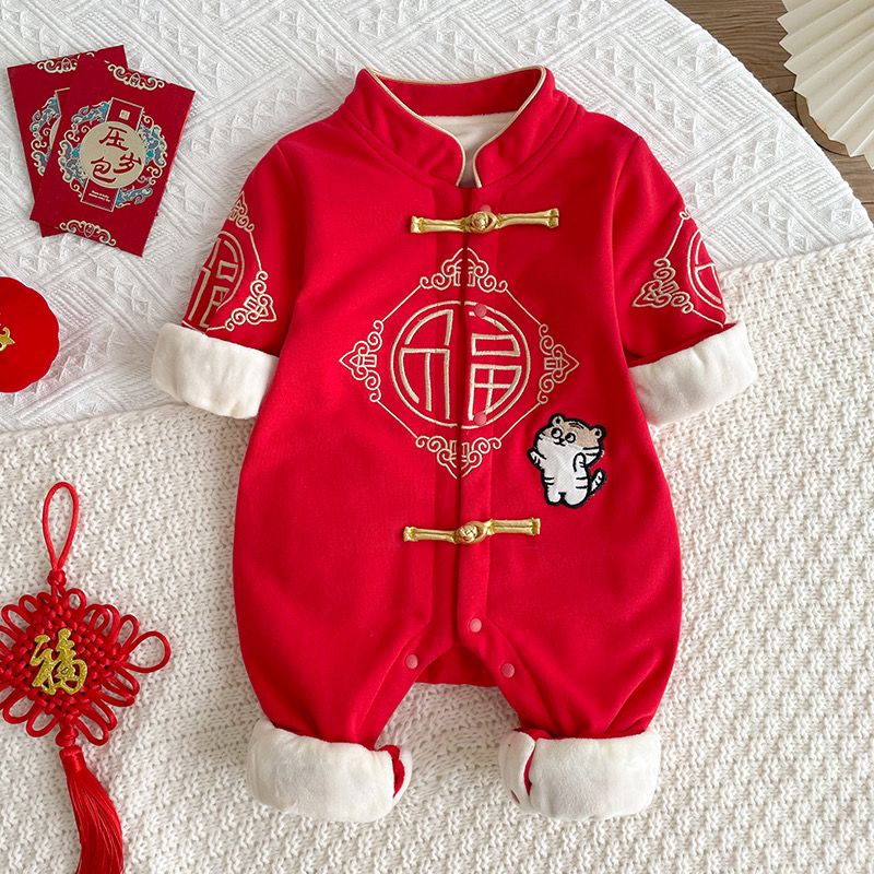中国风男女宝宝一岁婴儿秋冬加绒衣服生日抓周岁喜庆红色儿童