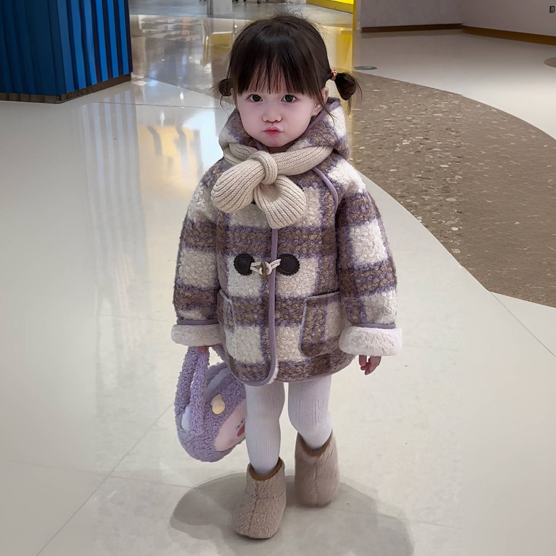 秋冬女童外套2023冬新款中小童宝宝洋气韩版毛呢大衣儿童格子呢子