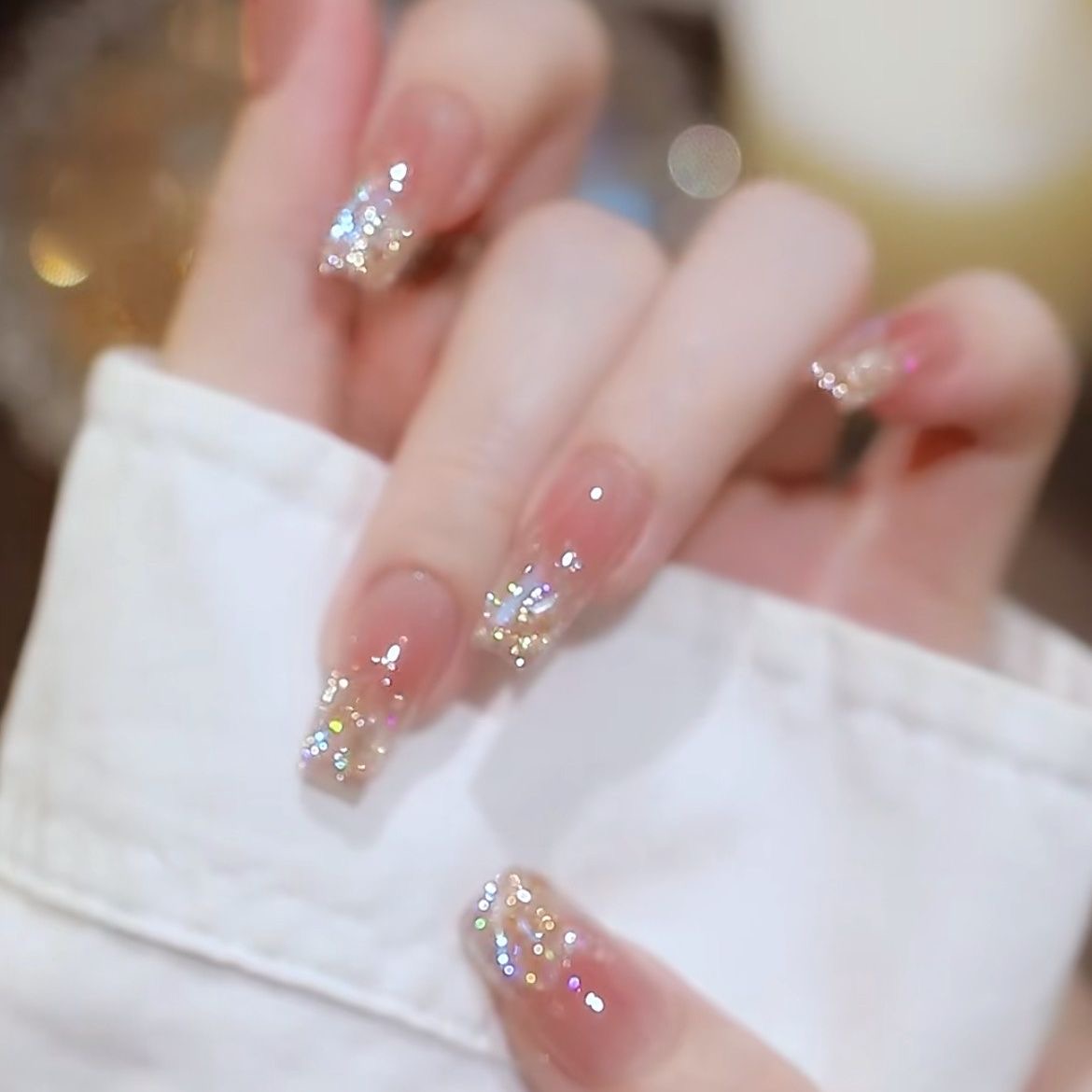 【腮红极光钻】纯手工新款穿戴甲秋冬冰透美甲高级爆闪钻穿戴甲