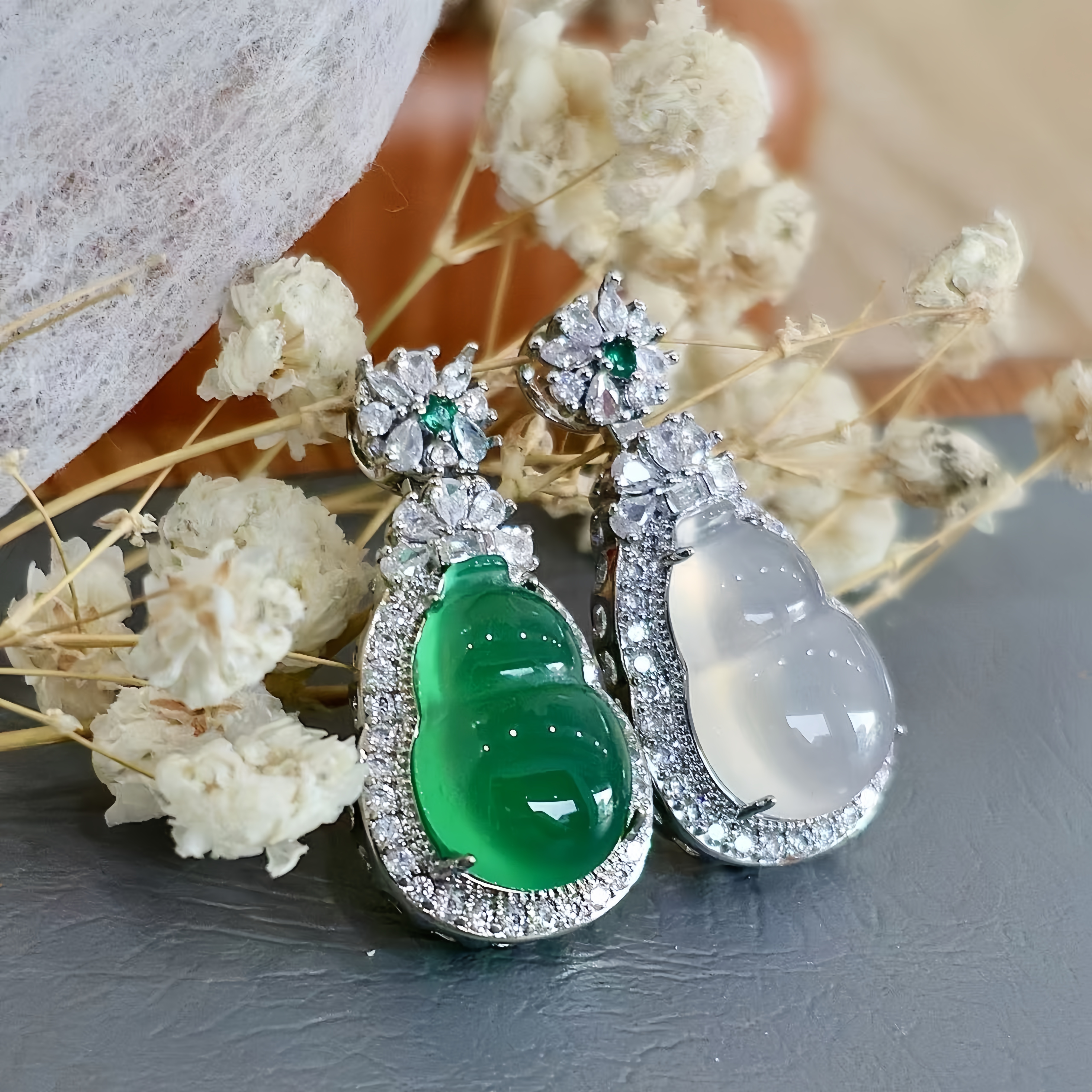 天然高冰白玛瑙镶嵌葫芦吊坠绿玉髓项链时尚经典款妈妈礼品A22