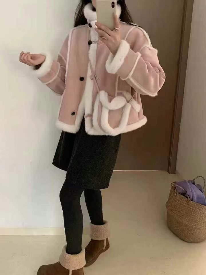 短外套保暖女拼接冬季休闲翻领短款女士皮毛一体设计师时尚加厚