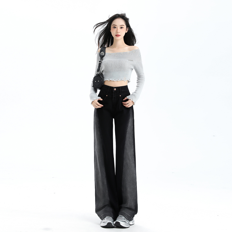 【单款】早秋季高腰窄版黑色牛仔裤女2025年新款韩版阔腿直筒拖地裤