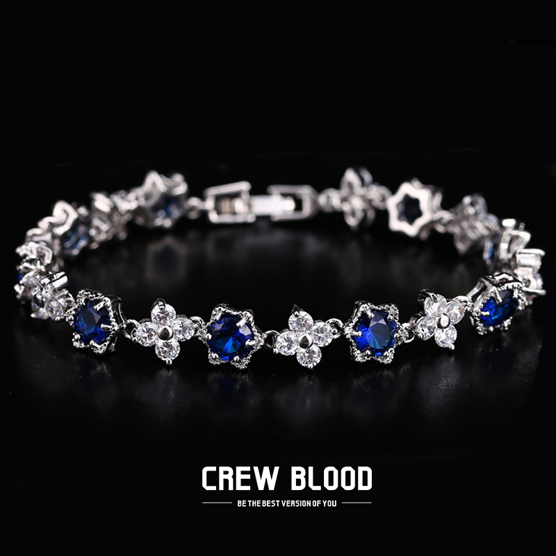 铜合金合成锆石手链 CREW欧美满钻蓝绿拼接锆石手链轻奢时尚简约