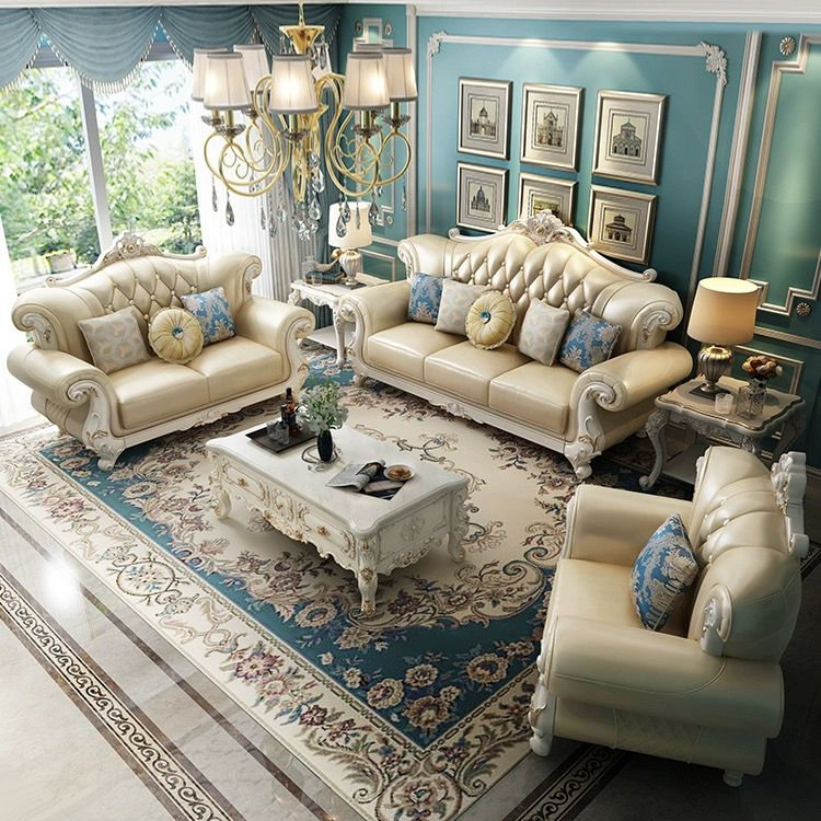 欧式沙发头层牛皮客厅奢华皮沙发雕花简欧123客厅奢华皮法式沙发