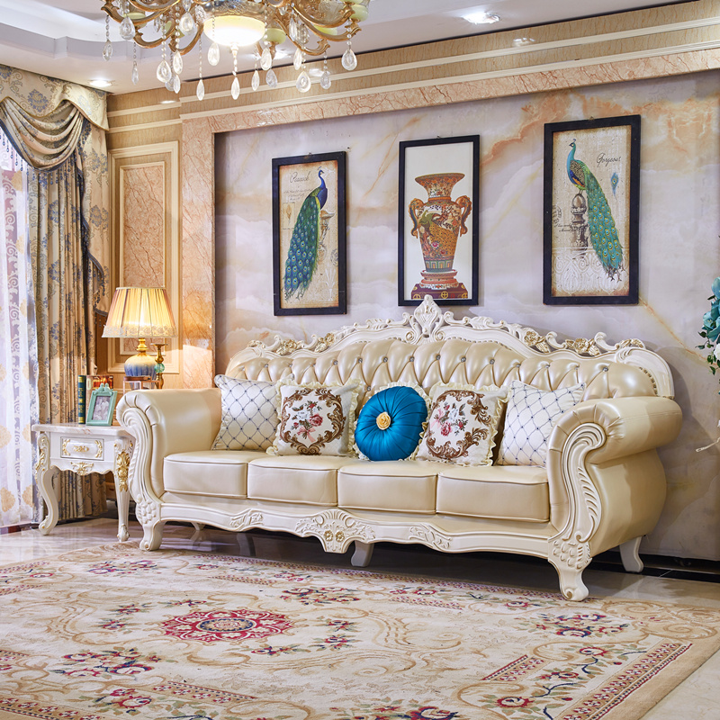 展厅欧式皮沙发四位沙发直排实木简欧欧式沙发雕花皮沙发客厅组合