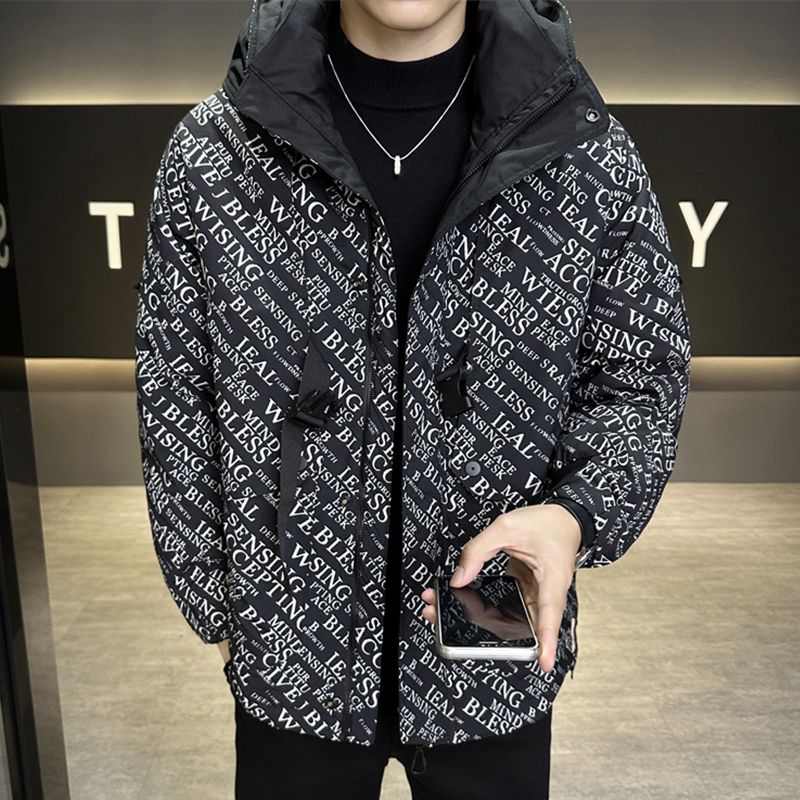 90%白鸭绒羽绒服男士2023冬季新款美式潮牌字母工装宽松保暖外套