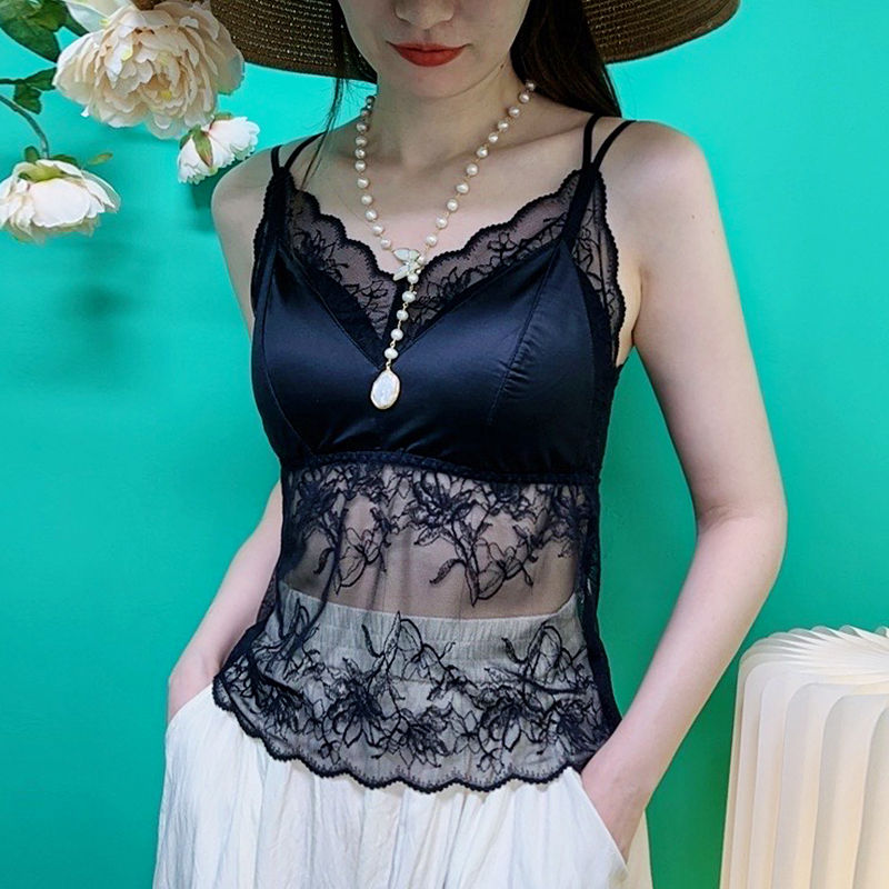媚姬6317黑色大码网红长款性感蕾丝背心夏季薄款无钢圈内衣美背