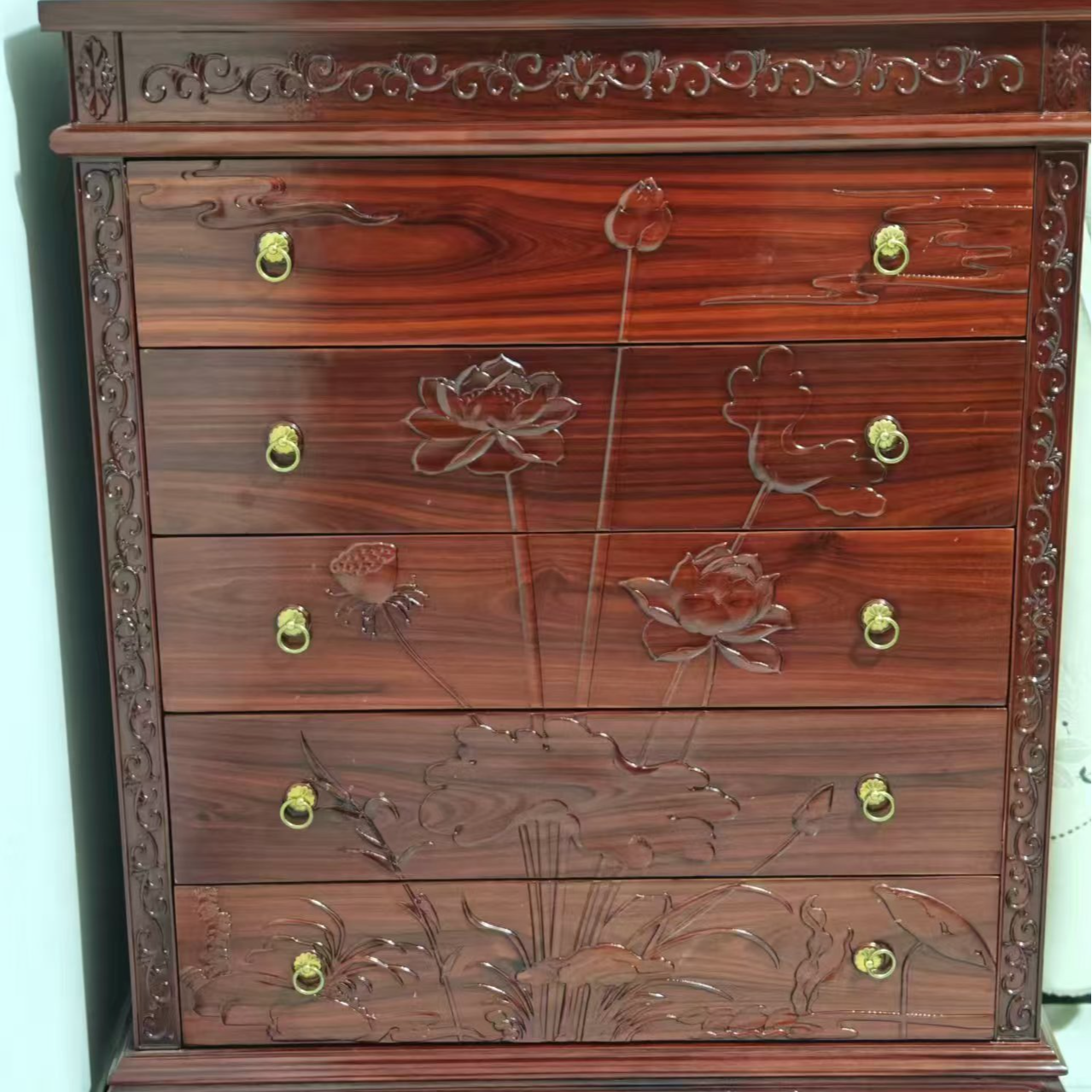 荷花鲤鱼酸枝木五斗柜实木原木带脚尺寸长92宽50高116厘米重80KG