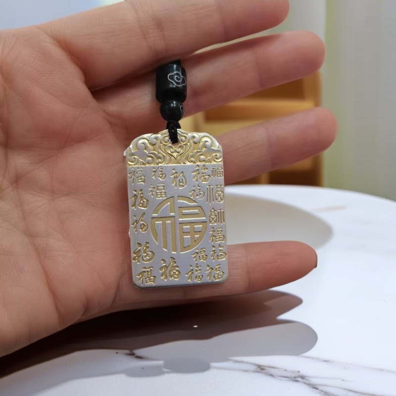 吊坠足银珐琅 足银吊坠999纯银描金百福无事牌实心男女