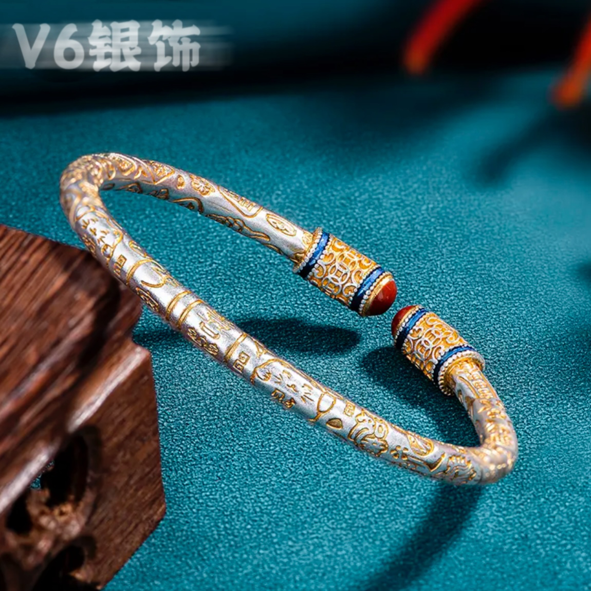 足银珐琅手镯 珐琅如意描金吉言錾刻足银手镯时尚百搭国风银饰