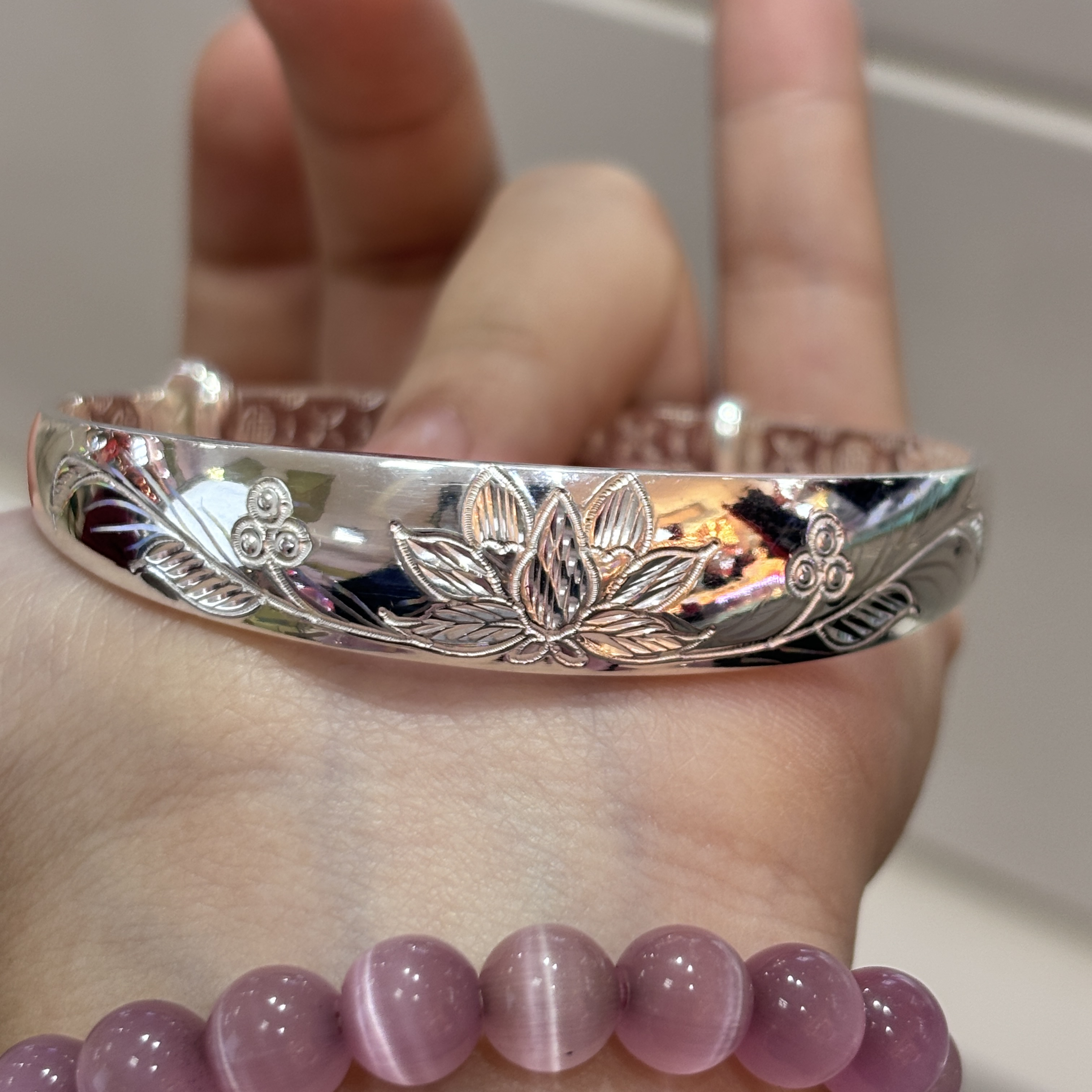足银手镯 足银手镯 花开富贵纯银手镯送妈妈实心银饰