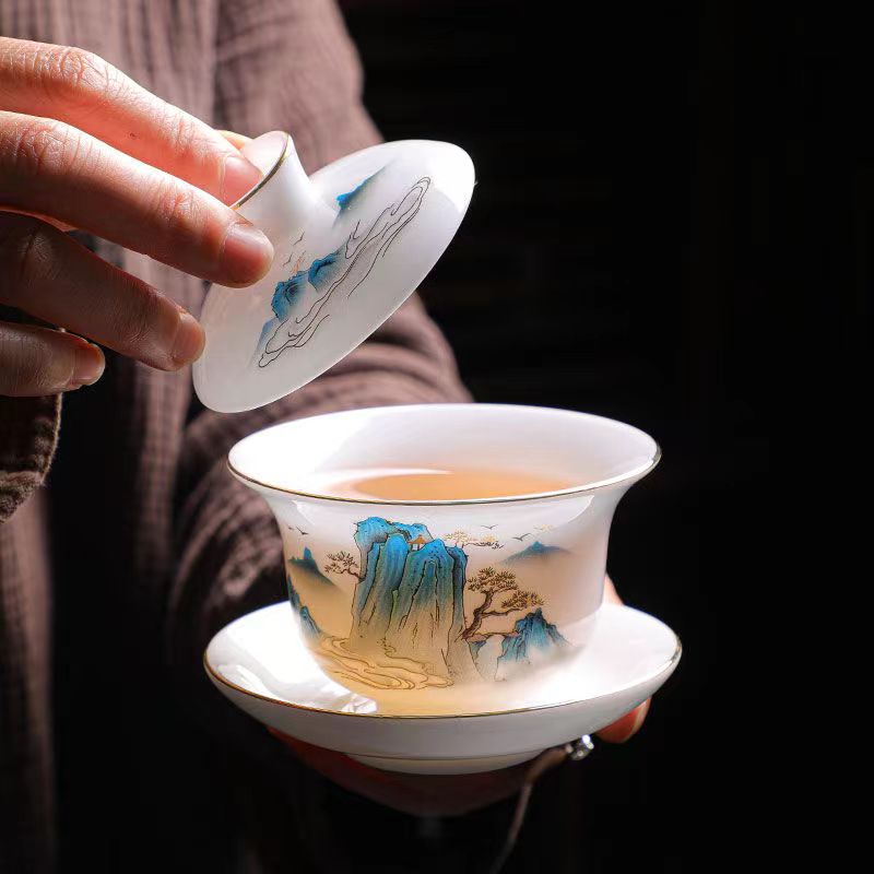 羊脂玉瓷三才盖碗白瓷功夫茶具配件中式陶瓷家用特大号茶杯带盖
