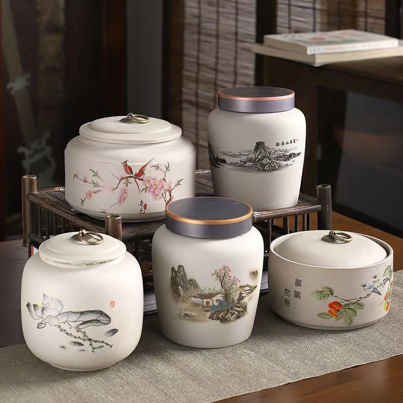 粗陶青花圆型陶瓷器茶具中式茶叶罐带盖防潮密封创意多用储存茶罐