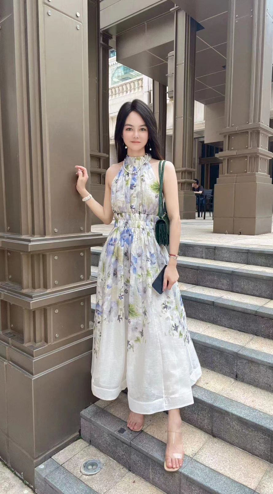 FAIRY X.Y. WANG法式挂脖春夏丝麻印花连衣裙优雅气质洋气收腰