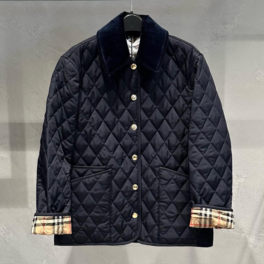 全新未使用 BURBERRY/博柏利 女士经典藏青菱格纹丝绒领棉服外套