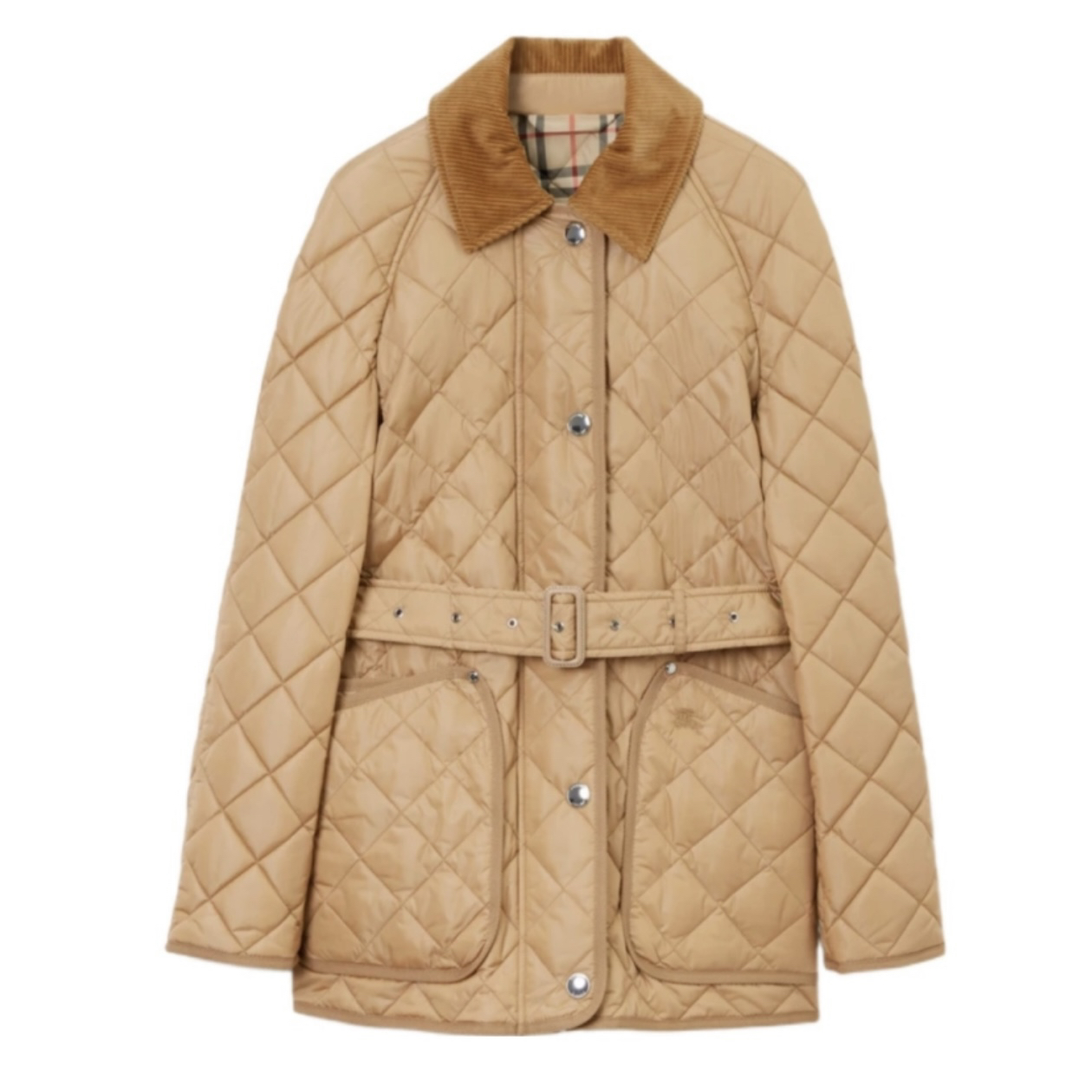 全新未使用 BURBERRY/博柏利 女士新款丝绒领格纹腰带棉服外套