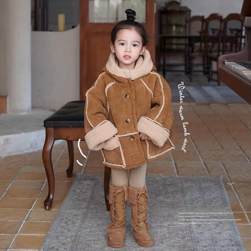 AnnieGirl冬季新款皮毛一体连帽加厚羊羔绒毛毛外套女童中长款
