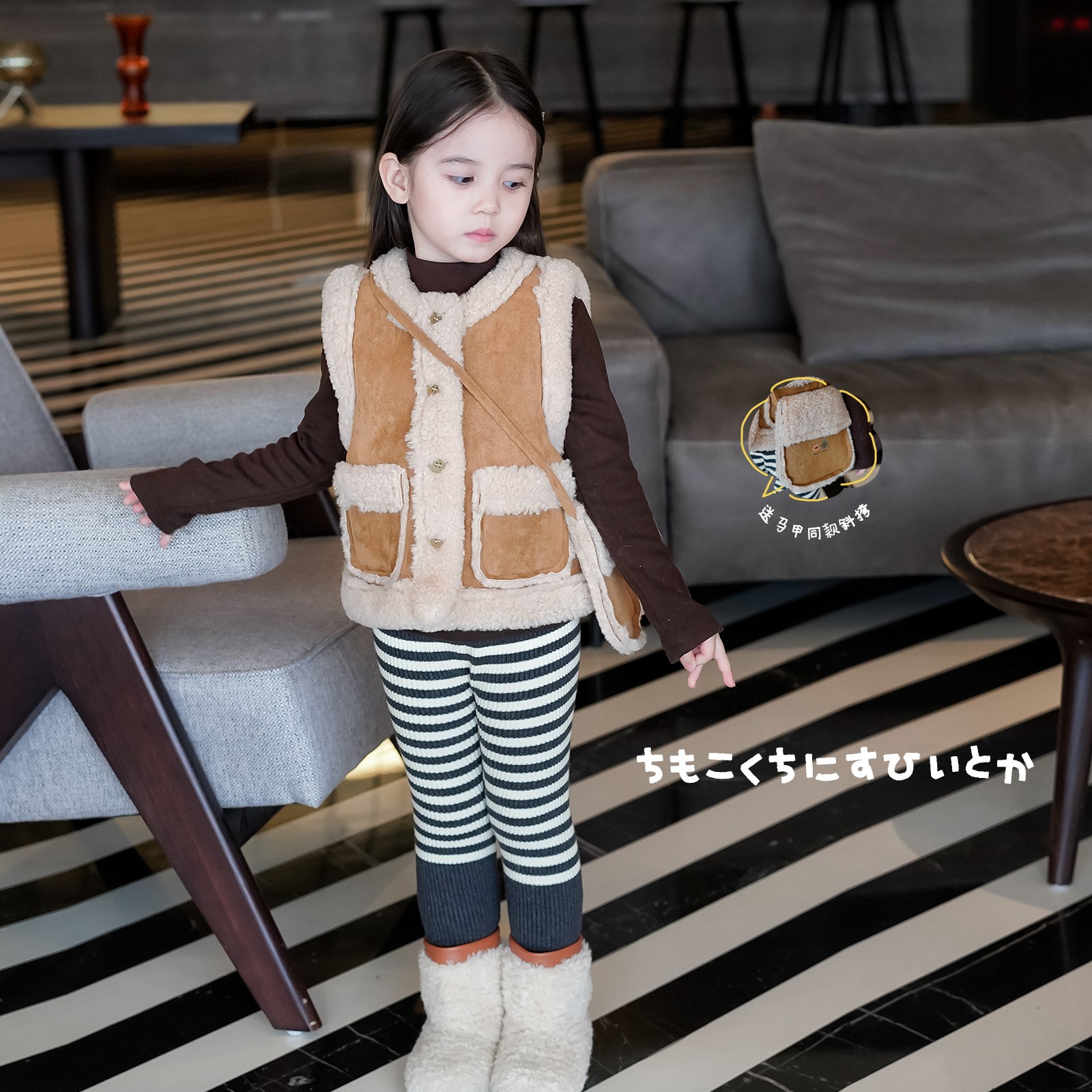 AnnieGirl冬季新款羊羔绒马甲可爱保暖女童加厚毛毛背心2024