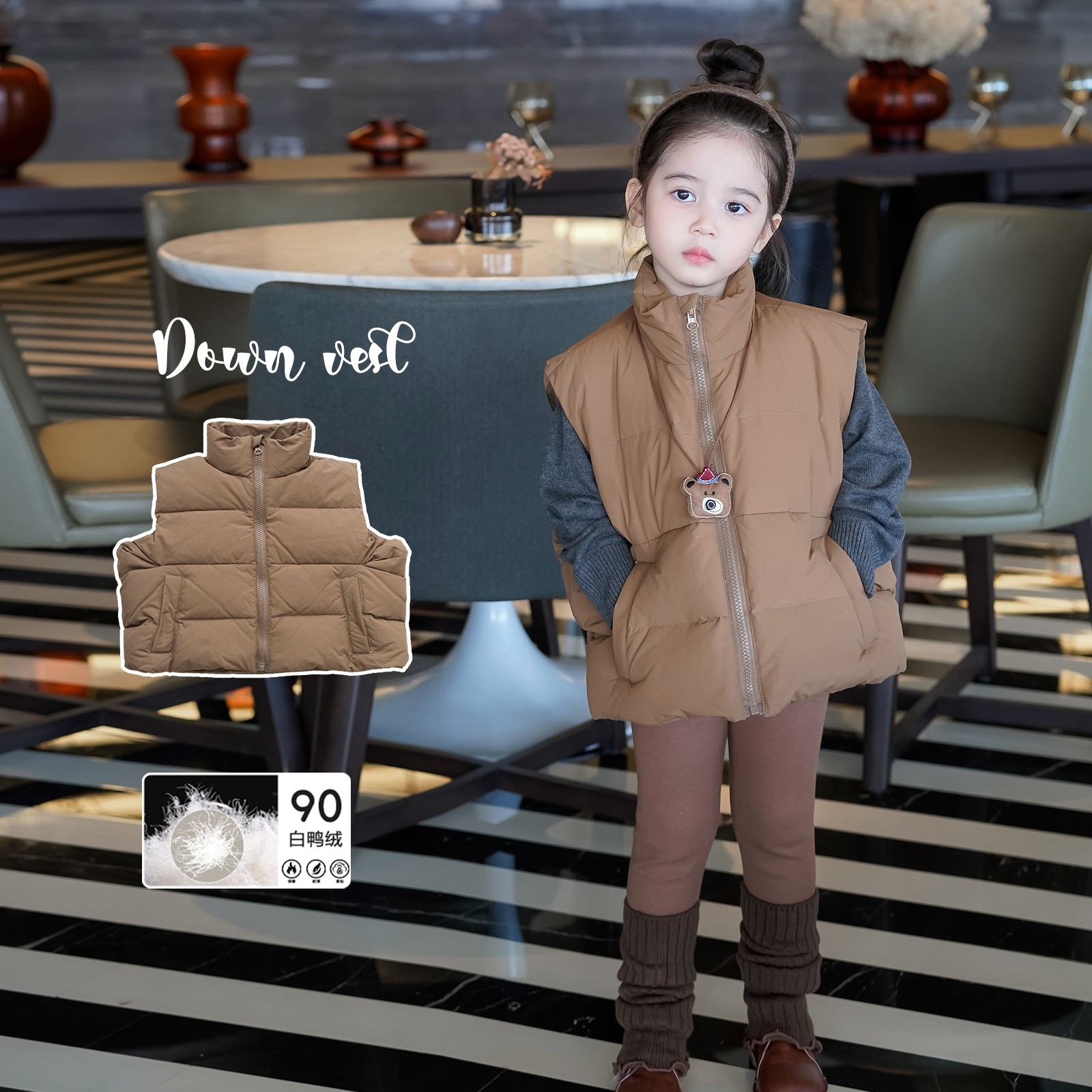 AnnieGirl冬季新款90白鸭绒羽绒服马甲男女童时髦洋气羽绒马甲厚