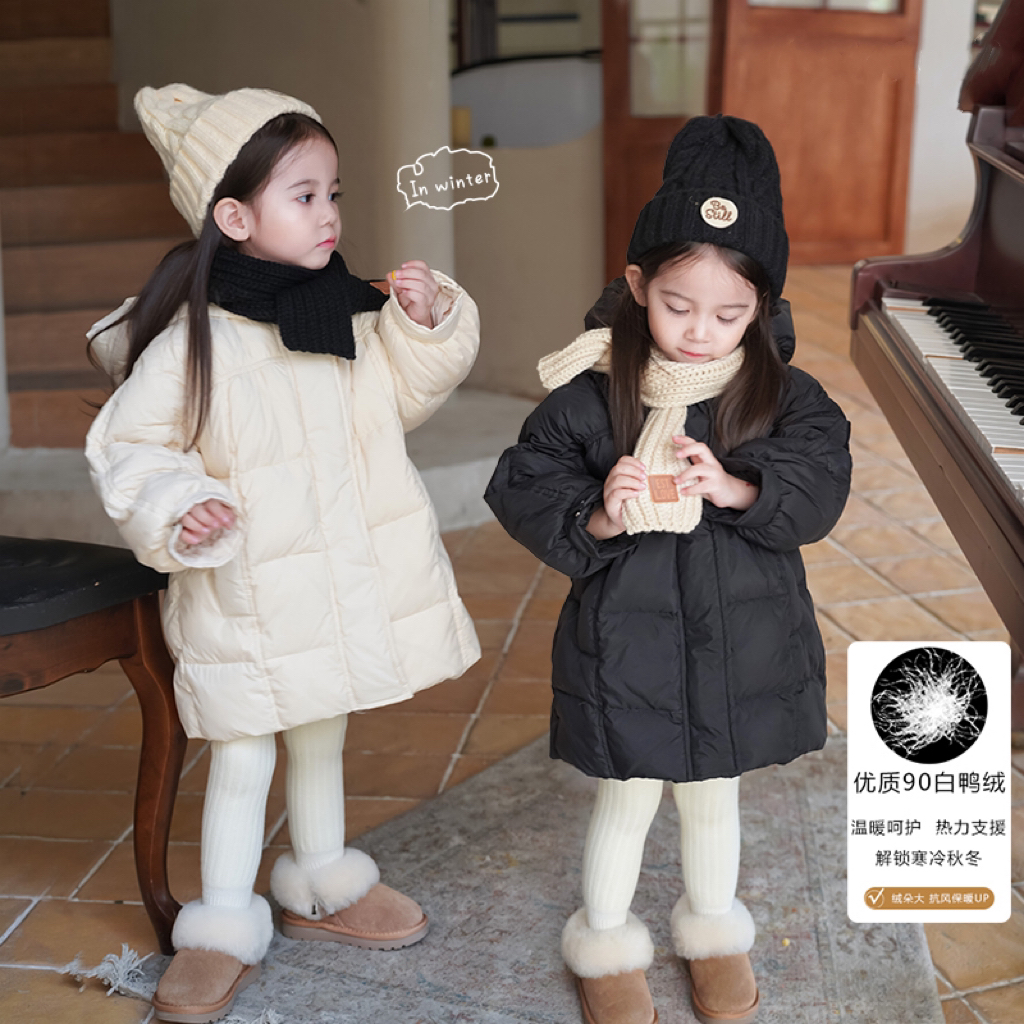 AnnieGirl冬季新款羽绒服女童中长款加厚连帽保暖外套