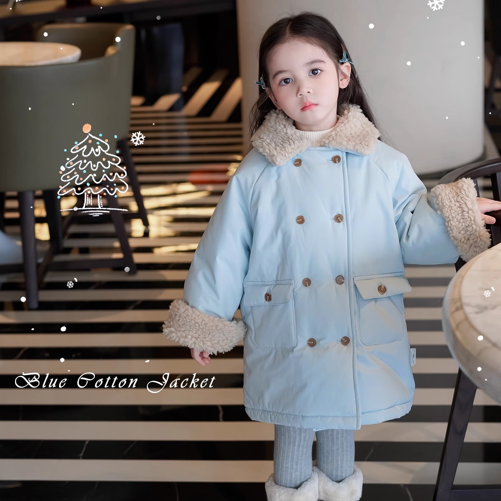 AnnieGirl儿童韩版双排扣毛绒冬季外套女童中长款保暖厚棉袄棉服