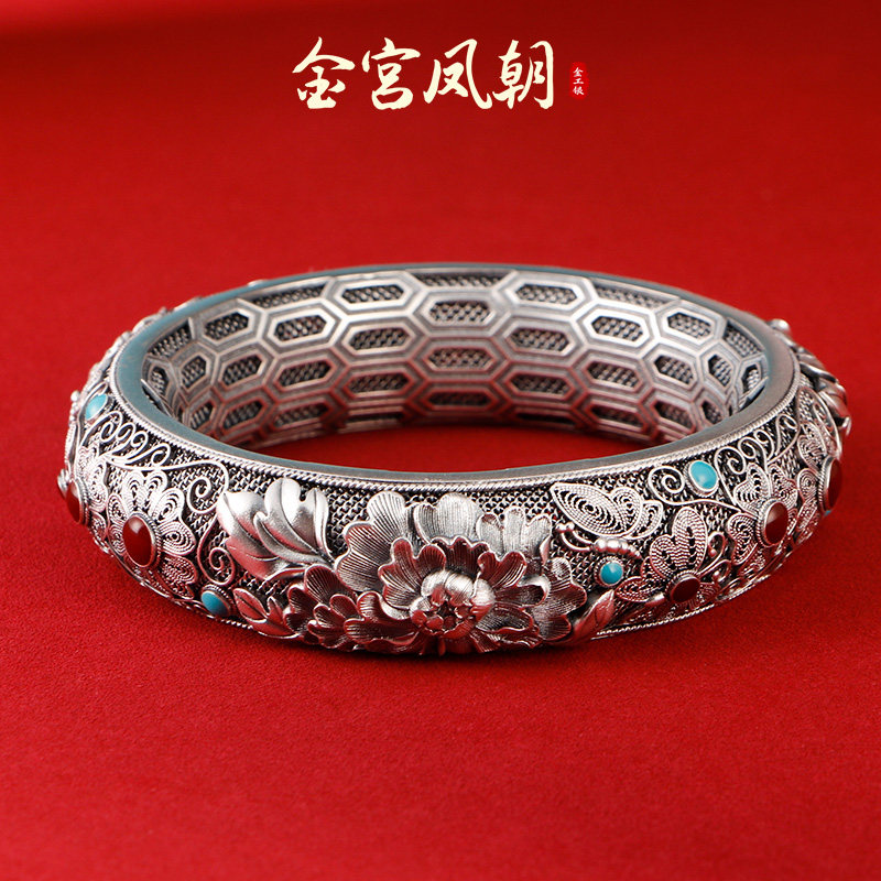 足银珐琅手镯 金宫凤朝 御苑花蝶牡丹手镯秋冬气质古风镯子宫廷风