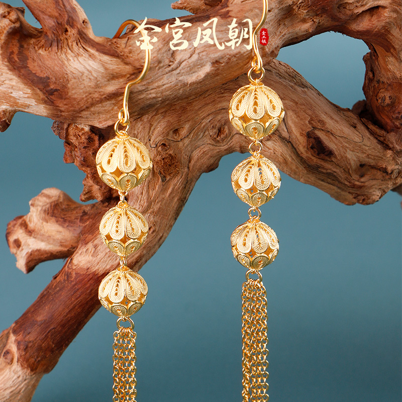 足银耳饰 金宫凤朝 金妙韵耳坠长款复古百搭耳勾国风女款古风气质