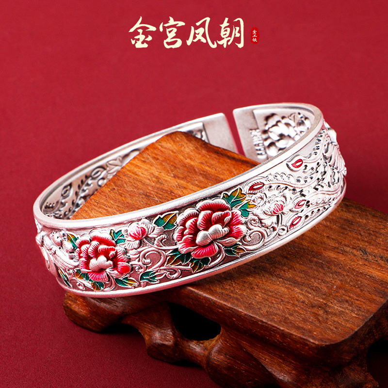 足银手镯 金宫凤朝双凤戏牡丹做旧手镯时尚复古古风纯手工素款