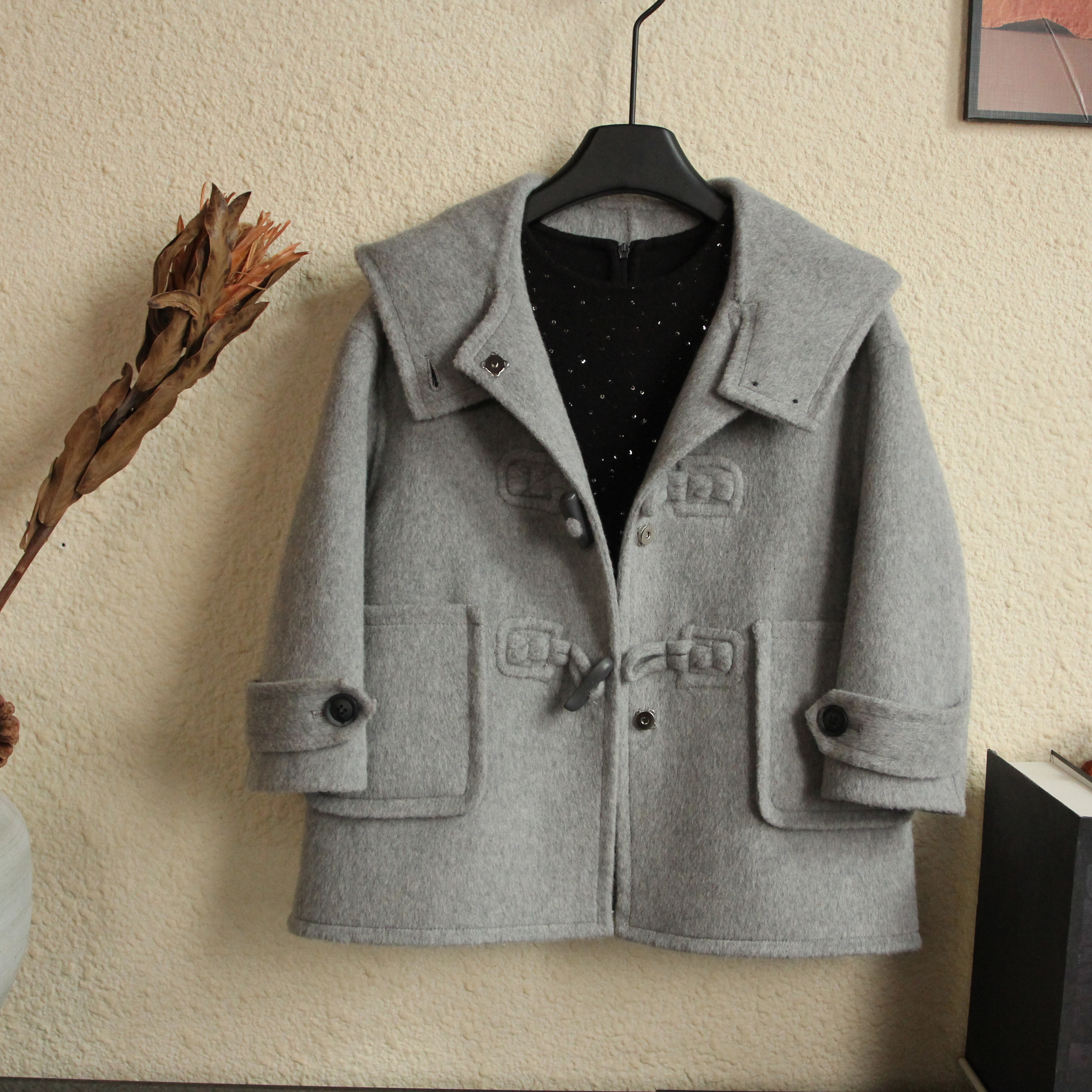 连帽款灰色童装双面绵羊毛大衣洋气加厚韩版