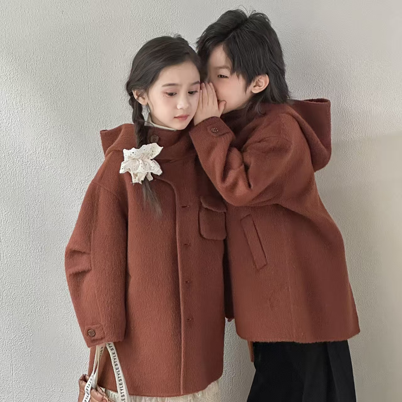 【现货】焦糖色弯刀袖连帽韩版纯手缝童装亲子装双面绵羊毛大衣