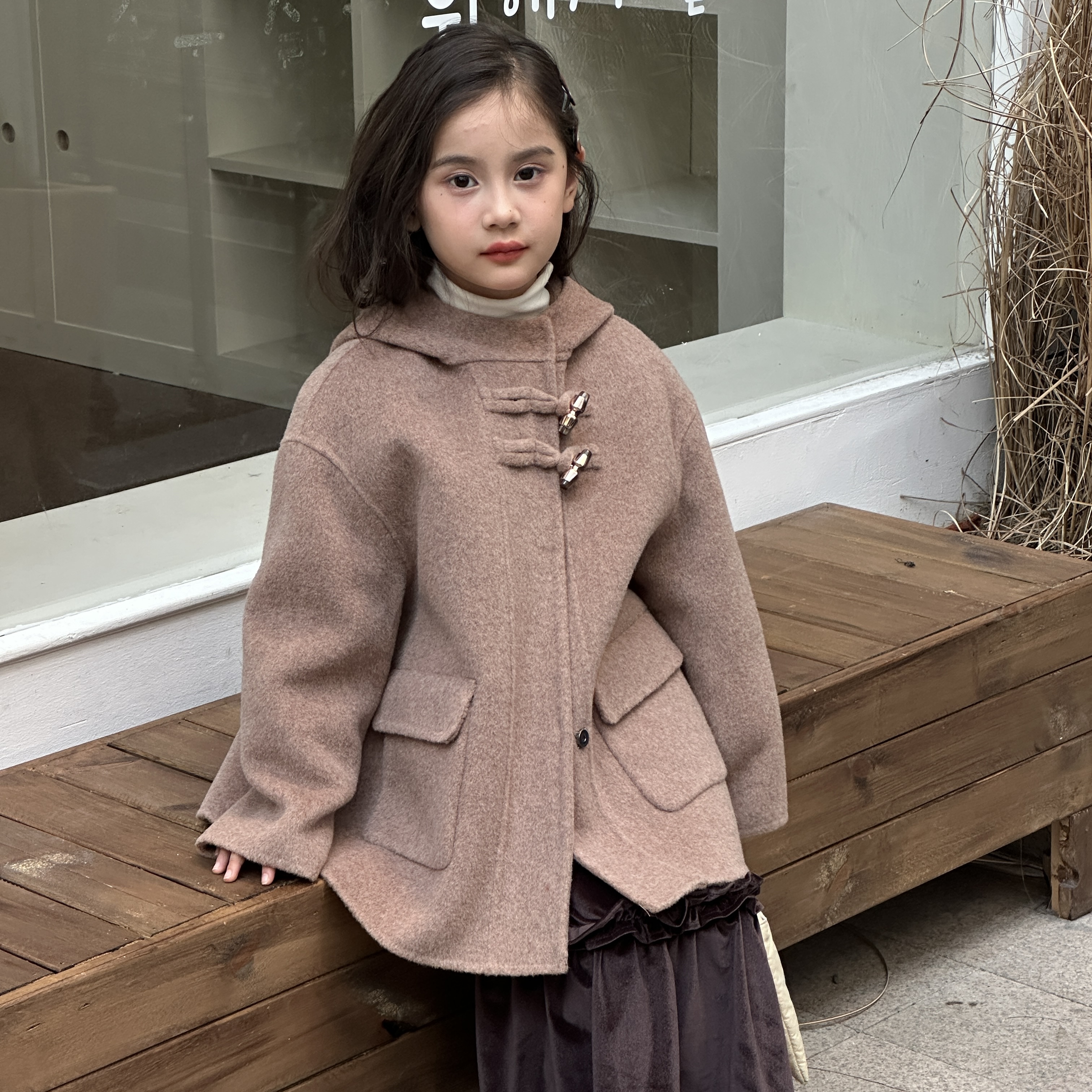 【美拉德色】100%双面绵羊毛牛角扣童装大衣连帽双面呢秋冬时尚-036