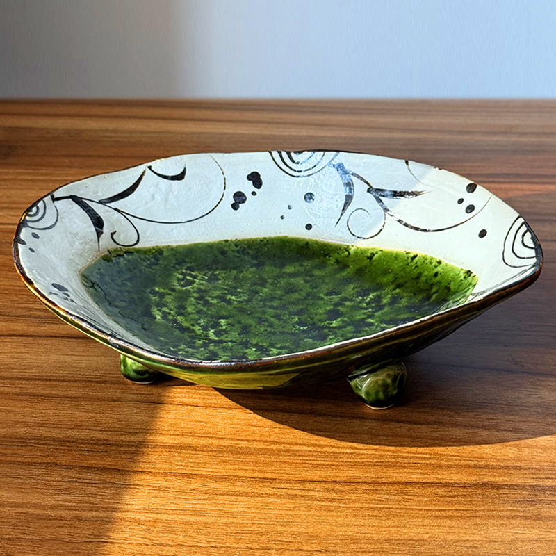 日本进口草花织部24cm异型钵果盘菜盘刺身盘创意陶瓷手绘日式